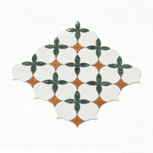 Marmormosaikfliesen – Weiß / Grün / Orange, Blumenmuster, Arabesken