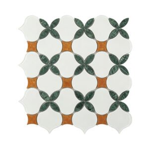 White arabesque marble mosaic tile with green leaf flowers and orange stone accents