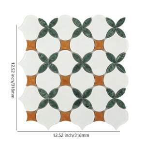 Marmormosaikfliesen – Weiß / Grün / Orange, Blumenmuster, Arabesken