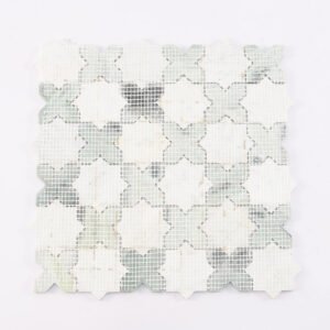 Mosaïque en marbre – blanc / vert, étoilé, géométrique, pour sol