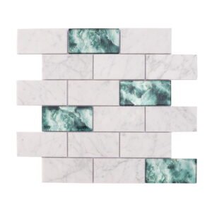 Front view of white marble and green glass mosaic subway tile sheet