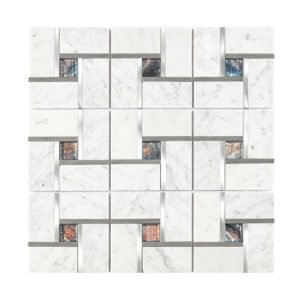 Front view of a mosaic tile sheet with white marble rectangles and metallic square accents.