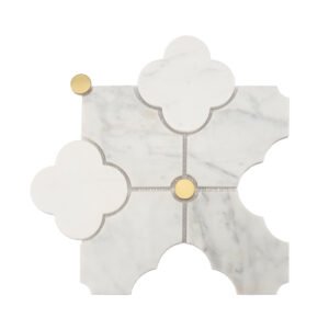 Full sheet view of white marble arabesque mosaic tile with gold accents