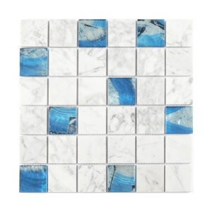 Front view of white marble square mosaic with random glossy blue glass pieces