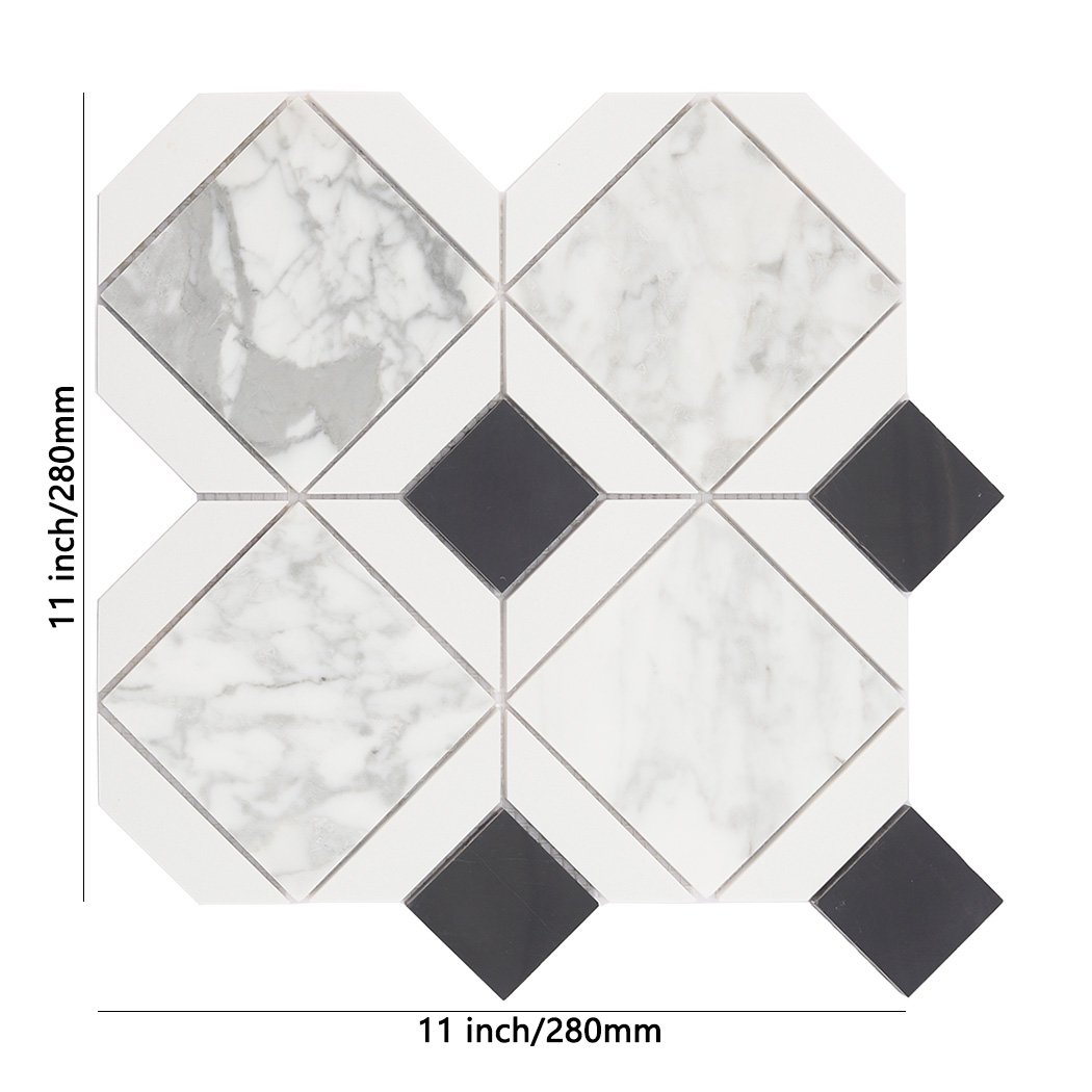 White marble geometric mosaic tile with black square accents and gray veining
