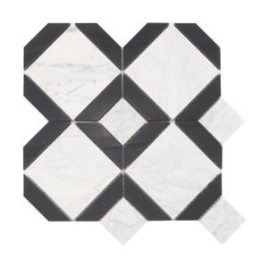 White marble geometric mosaic tile with black frame accents