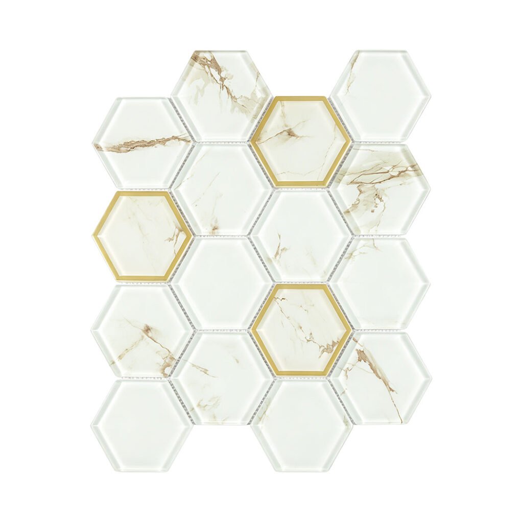 Mosaïque en verre et marbre – doré, hexagonal