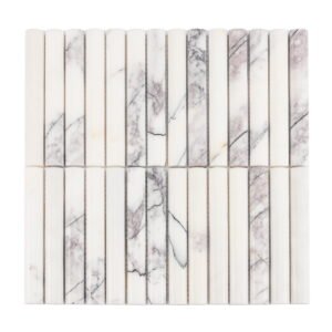 Flat top-down view of a white marble linear mosaic tile sheet with natural grey veining.
