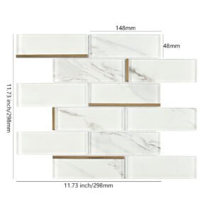 Mosaikfliesen aus Glas und Marmor – Weiß / Goldfarben, Metroformat, mit goldfarbenen Linien