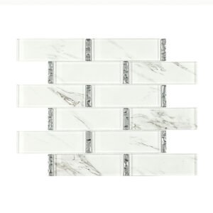 Front view of white marble look long glass mosaic tile in staggered layout