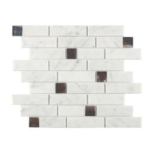 White marble subway mosaic tile sheet with scattered iridescent dark glass inserts