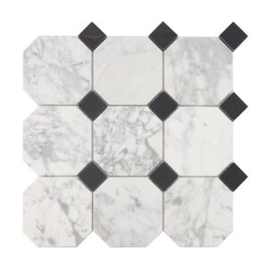 Full sheet of white octagon marble mosaic tile with black dot accents