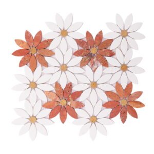 Full sheet of White and Red Daisy Marble Mosaic Tiles featuring red and white daisy flowers