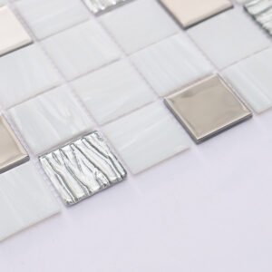 Mosaïque en verre – blanc / argenté, carré, pour sol