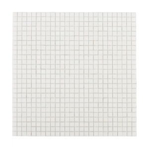 Full view of a white square ceramic mosaic tile sheet on a flat surface