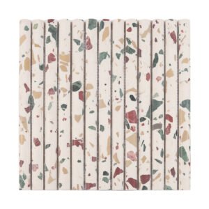 Full sheet of white terrazzo rounded strip mosaic tile with colorful stone chips