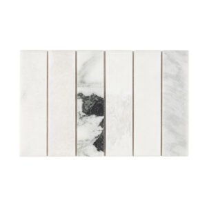 White vertical marble strip mosaic with soft gray and bold black veining