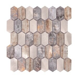 Front view of wood and metal hexagon aluminum mosaic tile sheet